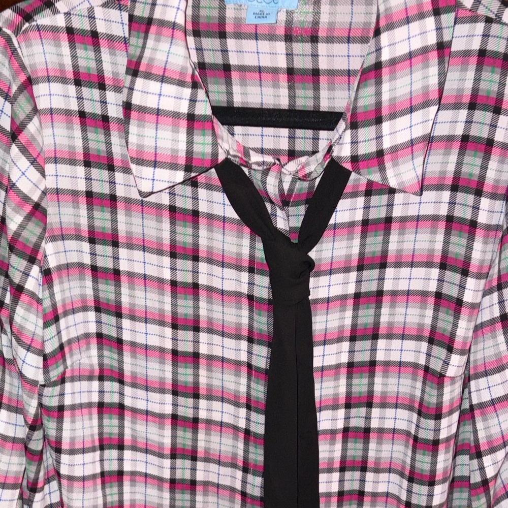 CeCe Multicolor Plaid Shirt with Black Tie Detail